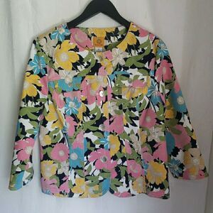 RUBY RD Floral Denim Jacket Mother Pearl Button 3/4 Sleeve Pockets Pink Women 12